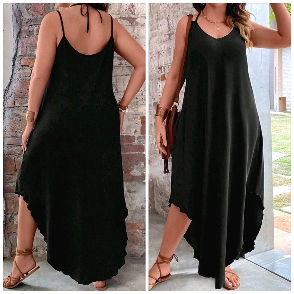 NEW Casual Stretch Knit Cami T Shirt Dress PLUS Midi Relaxed Fit Black
